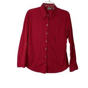 Additions By Chicos Womens Red Cotton Collared Long Sleeve Button Up Shirt Sz 1